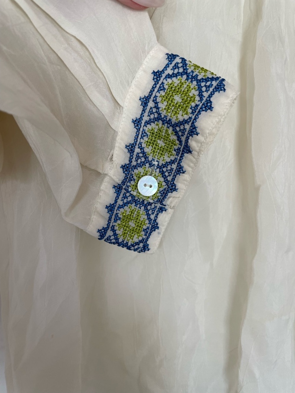 Johnny Was Cream Embroidered V-Neck, Pintuck Peasant Blouse, Small - Picture 3 of 7